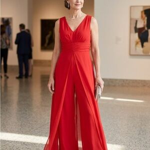 Shein. Red V-Neck Wide-Leg Jumpsuit